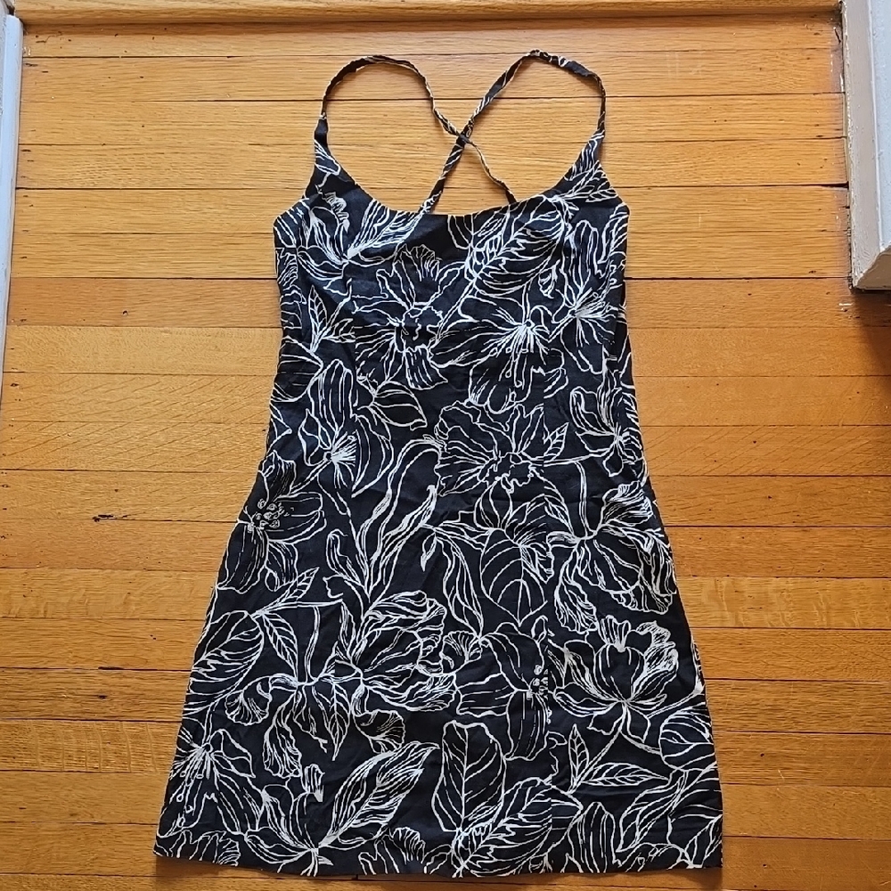 NWT, H&M, Linen Floral Print Mini Dress, Black & Cream, Women's S